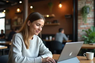 Femme comparant un MacBook 13 pouces et une tablette grand format dans un café urbain