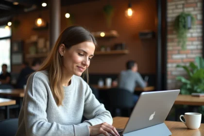 Femme comparant un MacBook 13 pouces et une tablette grand format dans un café urbain