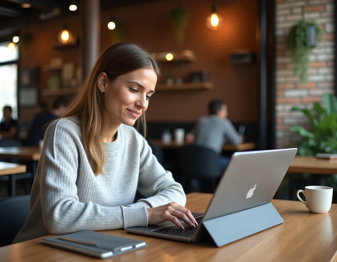 Femme comparant un MacBook 13 pouces et une tablette grand format dans un café urbain