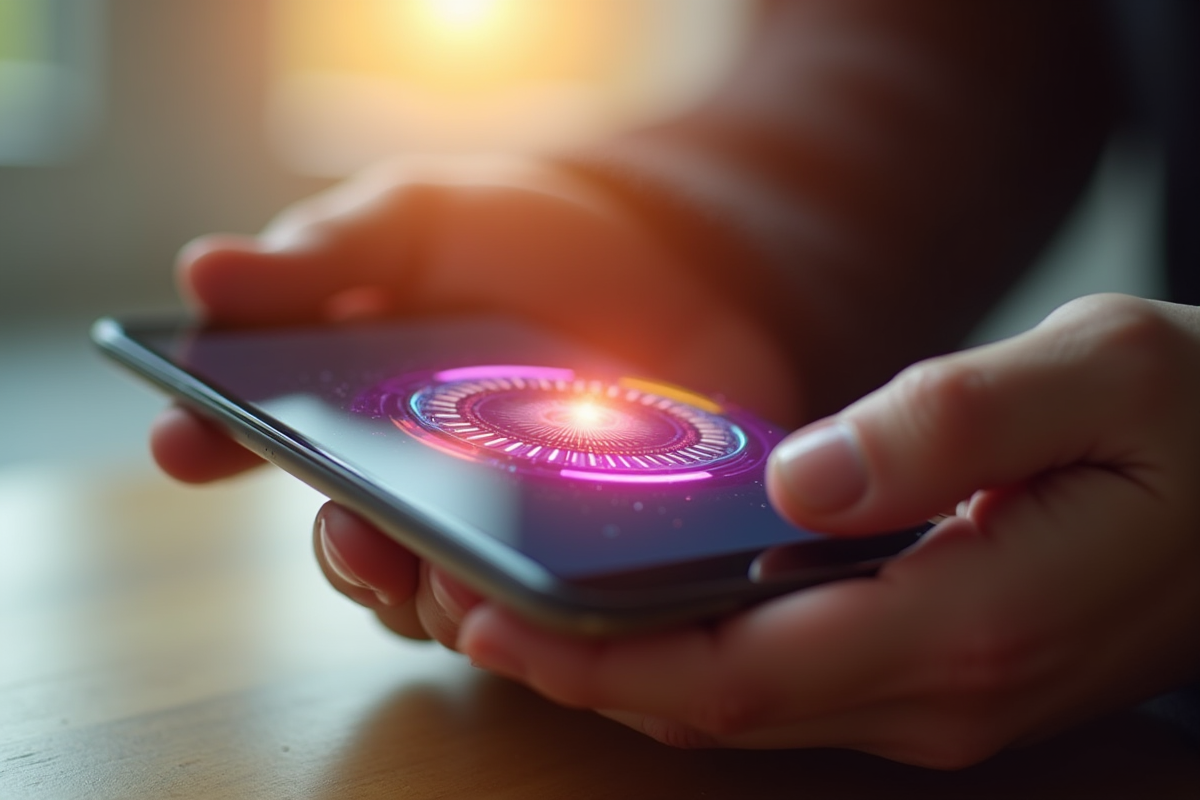 Main tenant un smartphone avec une roue digitale en action