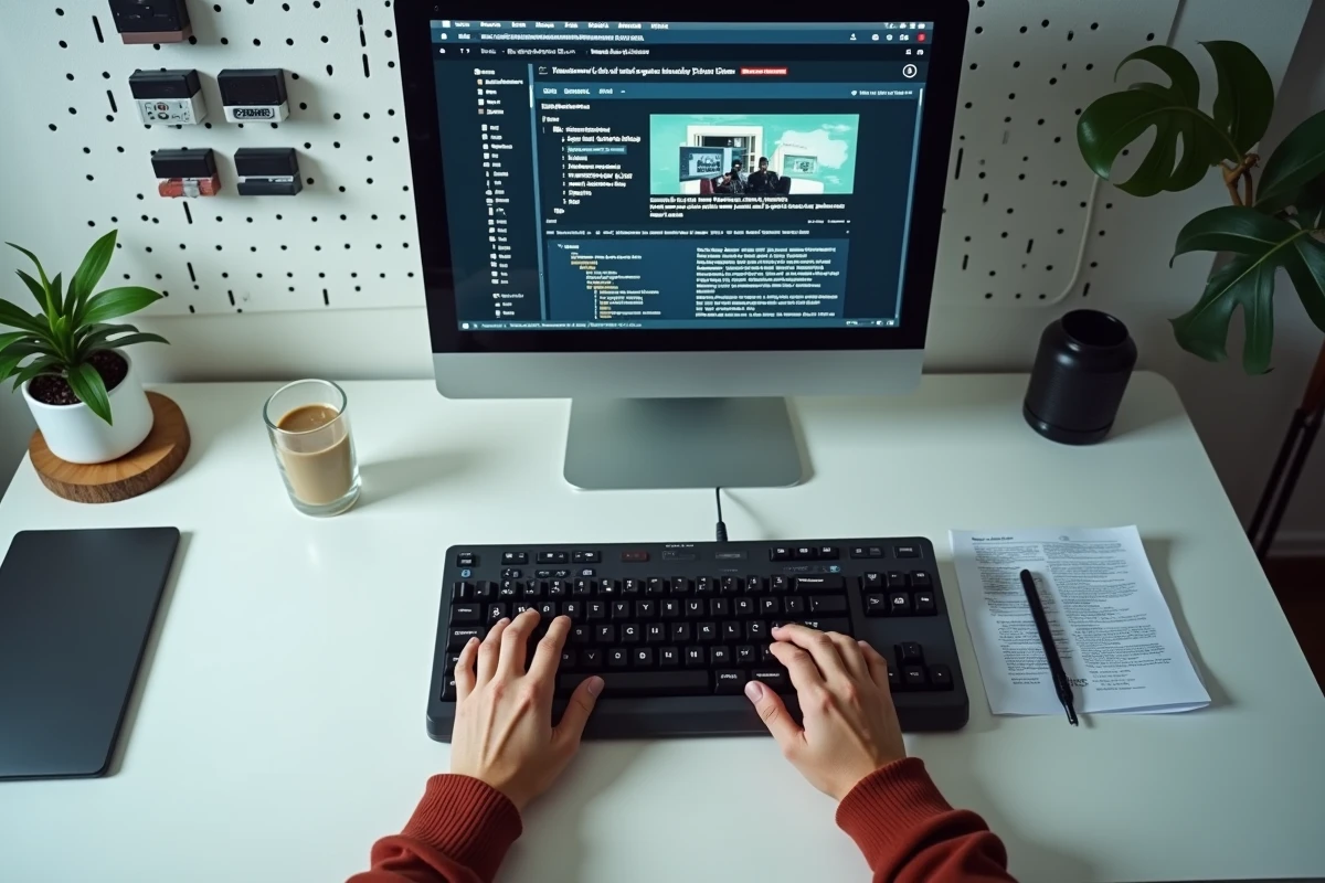 Mains tapant sur un clavier mécanique devant un écran affichant des captures archivées d'un site de ressources numériques