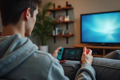 Jeune homme tenant une manette Joy-Con Nintendo Switch déconnectée avec une expression frustrée dans un salon moderne