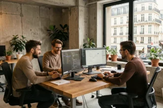 Équipe de développeurs web collaborant dans une agence moderne en Côte-d'Or, écrans affichant du code et des maquettes