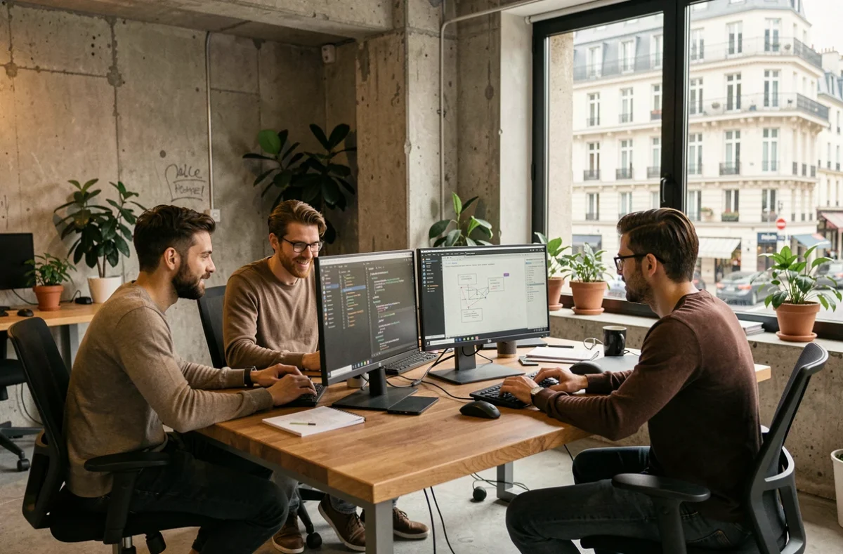 Équipe de développeurs web collaborant dans une agence moderne en Côte-d'Or, écrans affichant du code et des maquettes