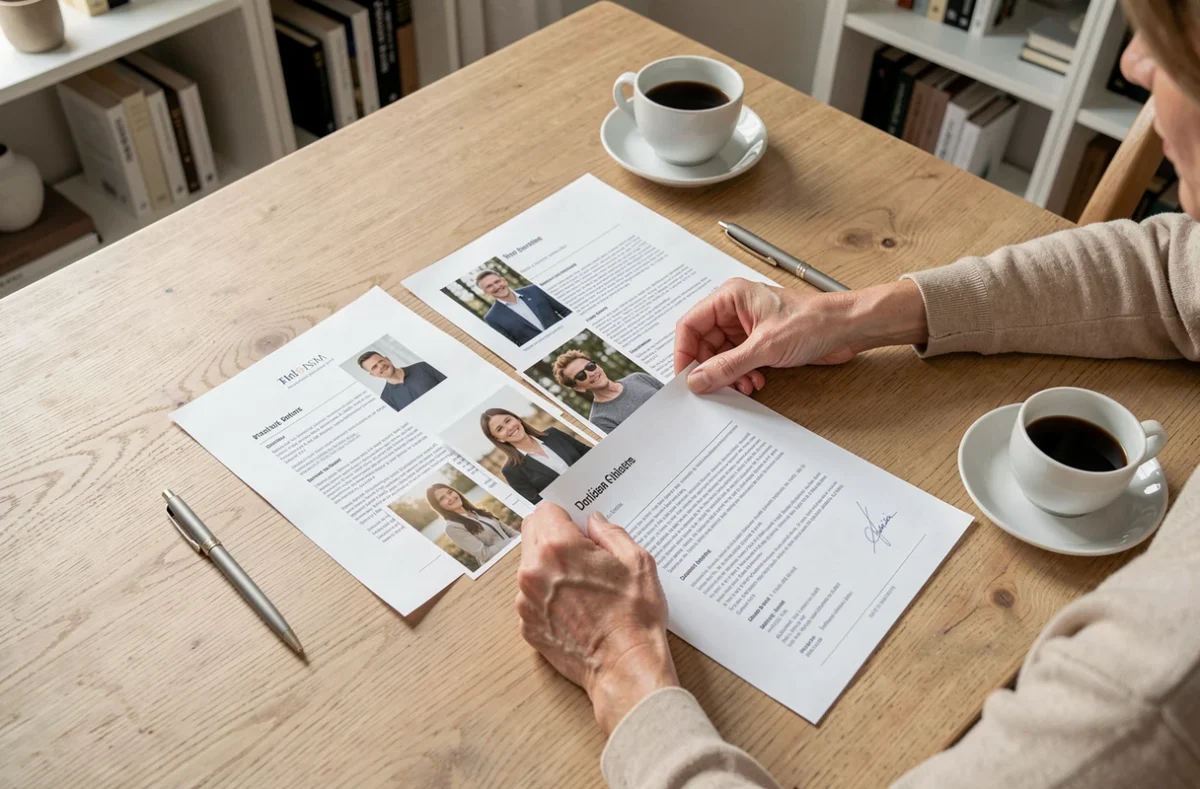 Vue de dessus de mains féminines organisant des photographies de portfolio et des documents de CV sur une table en chêne dans un espace de travail épuré