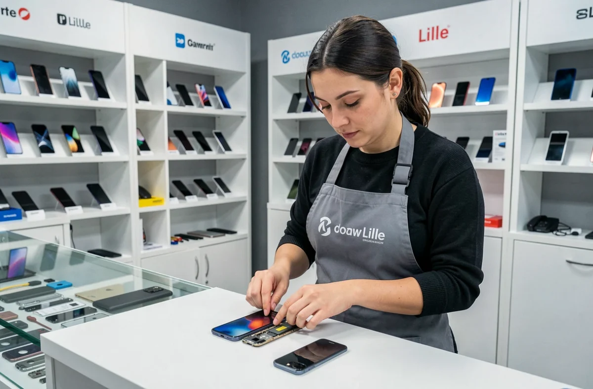 Technicienne de Mobile House Lille travaillant sur un smartphone désassemblé dans une boutique de réparation toutes marques