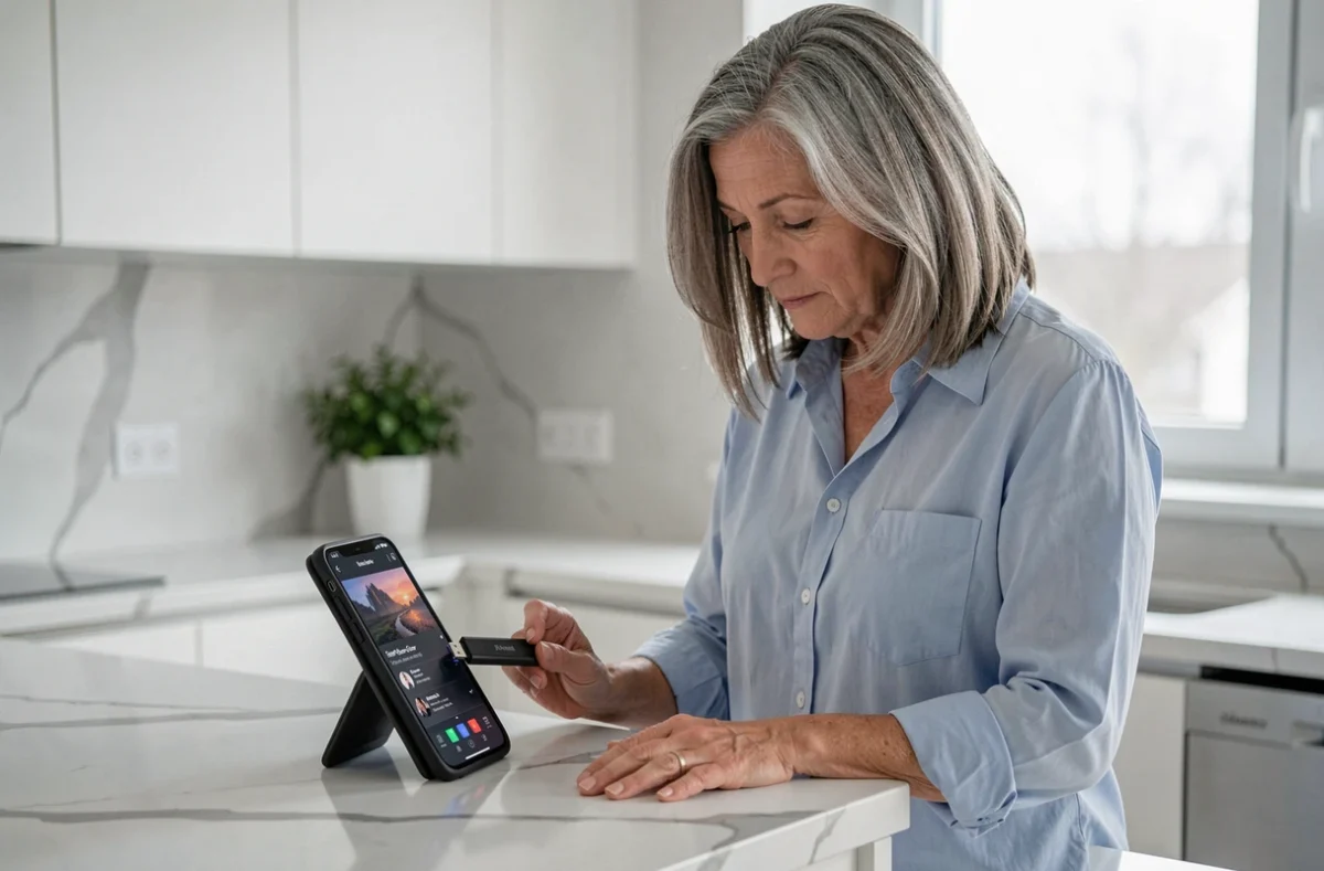 Femme transférant de la musique sur une clé USB depuis un smartphone Android dans une cuisine moderne
