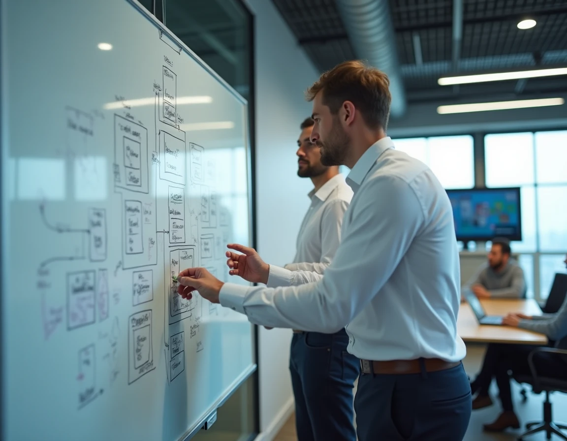 Architecte logiciel de l'agence Naratys à Lyon présentant l'architecture d'une application métier complexe sur tableau blanc