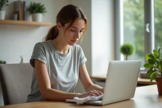 Femme nettoyant l'écran de son ordinateur portable avec un chiffon microfibre blanc sur un bureau en bois