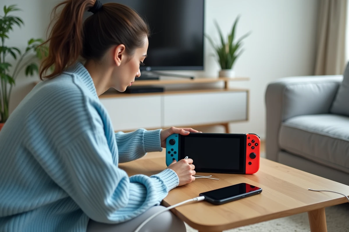 Femme branchant le câble de charge d'une Nintendo Switch avec écran noir sur une table basse