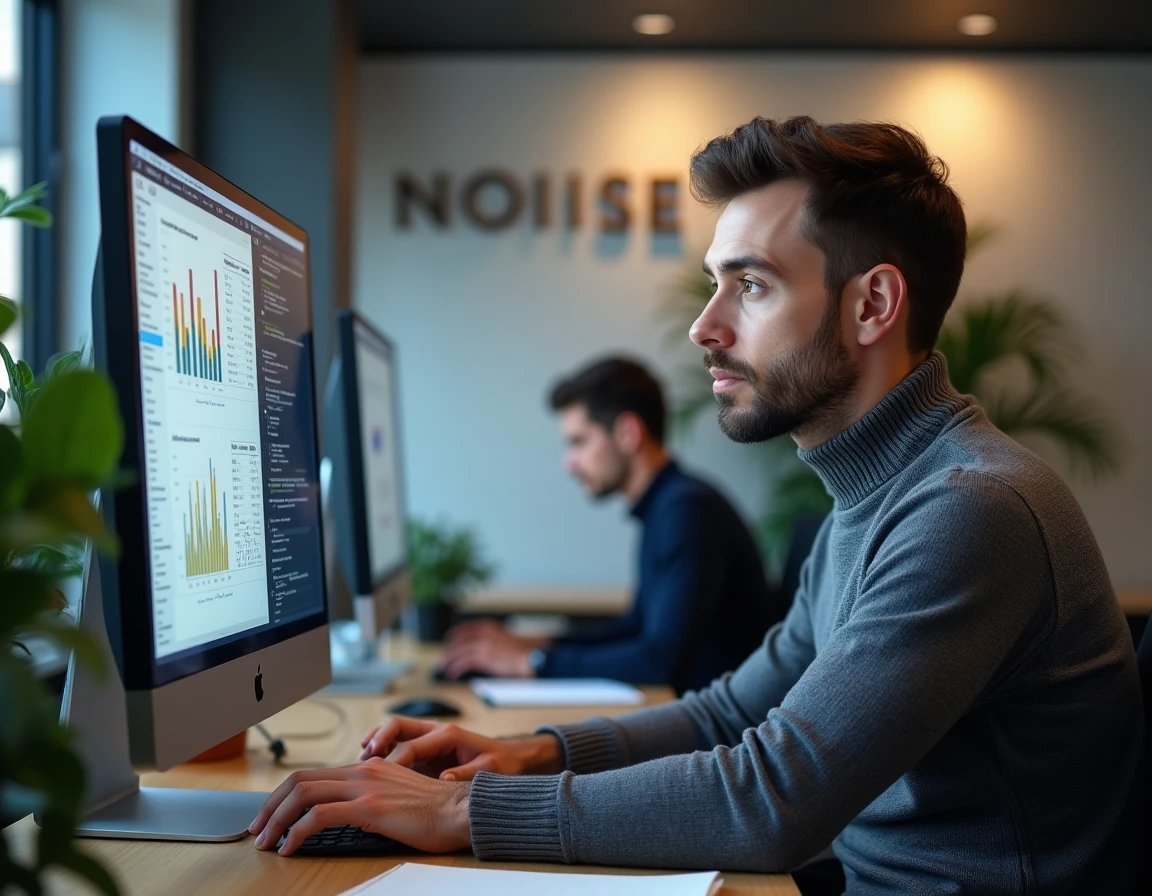 Spécialiste SEO et développement web de l'agence NOIISE à Lyon analysant des données de référencement sur ses écrans