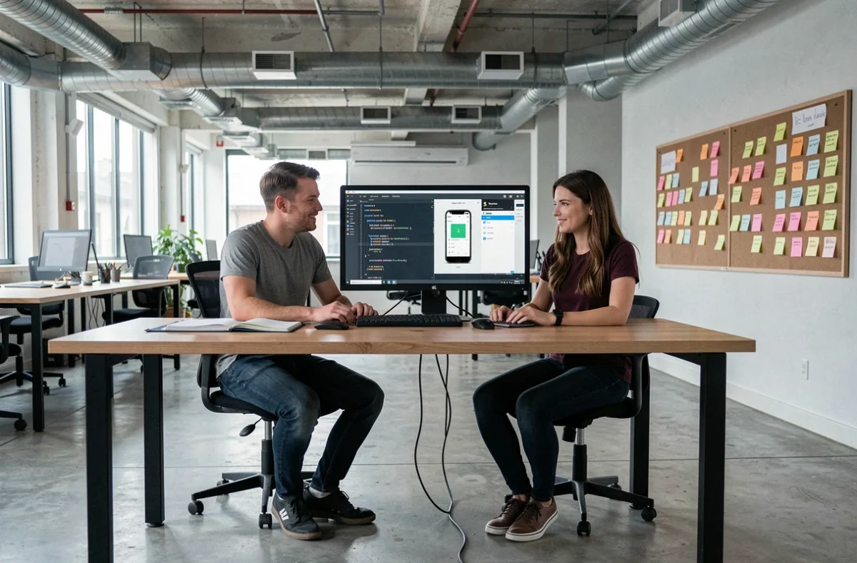 Deux développeurs Novaway travaillant sur un projet Symfony et une application mobile dans un espace de travail moderne