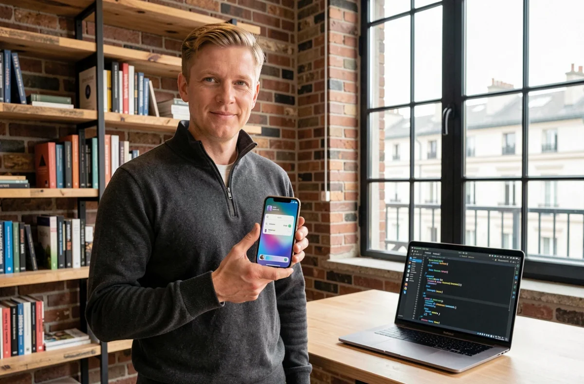 Développeur iOS tenant un iPhone avec une application native affichée, dans un bureau moderne à Lyon, représentant l'agence Openium spécialisée en applications natives