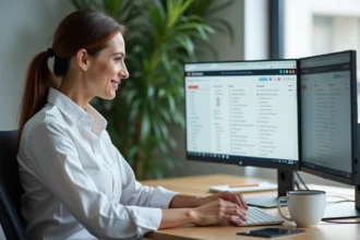 Professionnelle organisant ses dossiers clients dans une interface webmail IONOS sur un ordinateur de bureau en open space