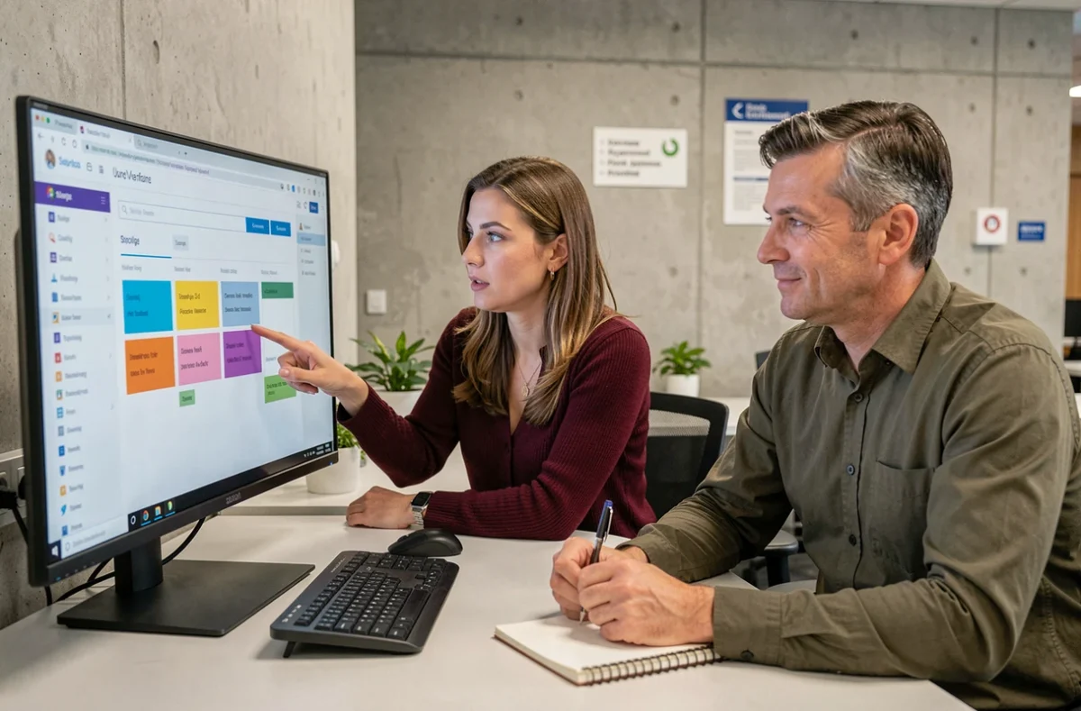 Deux collègues organisant et triant des mails sur la messagerie intranet de la ville d'Amiens en espace de travail collaboratif