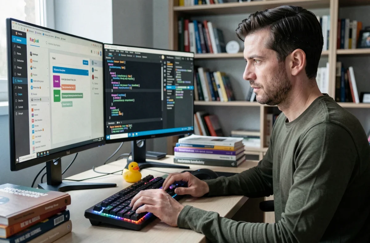 Développeur full-stack d'Oxynel travaillant sur une application web sur mesure avec plusieurs écrans de code