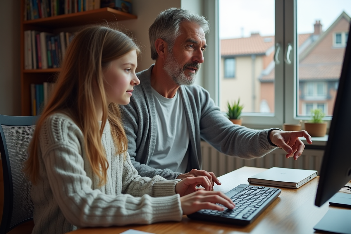 Père guidant sa fille sur un ordinateur dans une pièce chaleureuse