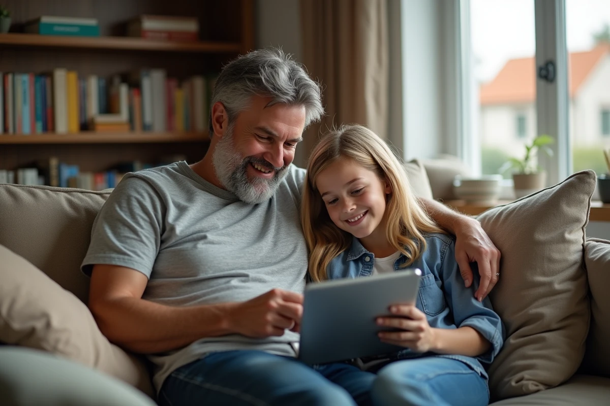 Papa et fille regardant un rapport scolaire sur une tablette