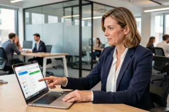 Femme cadre partageant un accès à un compte professionnel en ligne avec un collaborateur depuis un bureau en entreprise