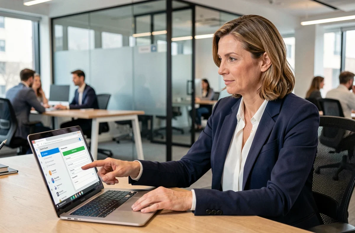 Femme cadre partageant un accès à un compte professionnel en ligne avec un collaborateur depuis un bureau en entreprise