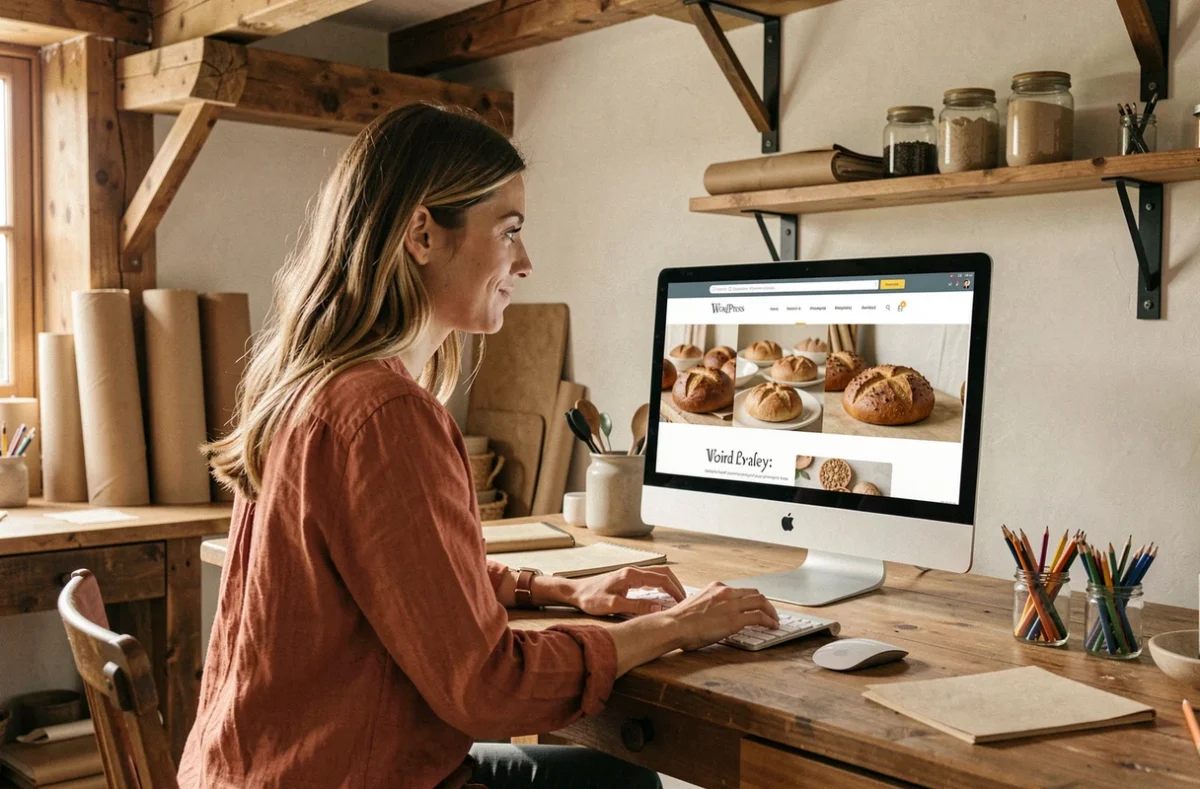 Designer web de Pâte à Web créant un site WordPress artisanal dans un studio chaleureux