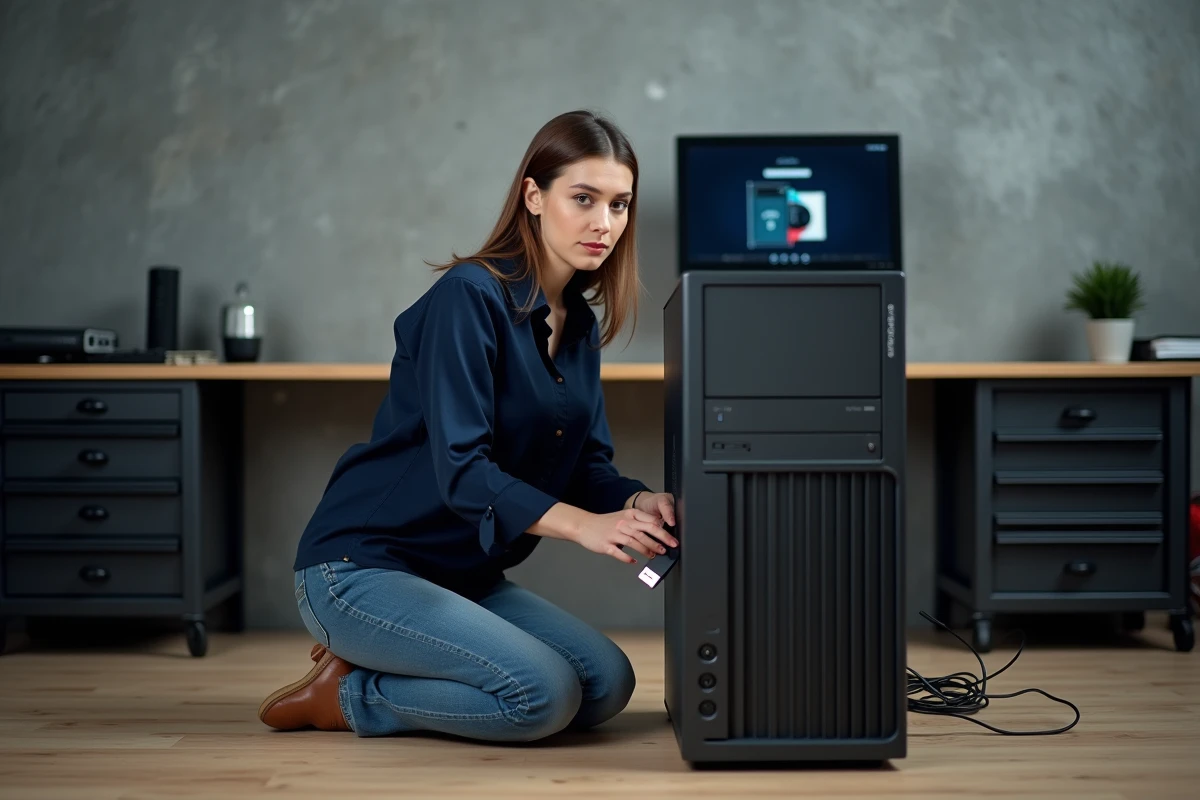 Femme insérant une clé USB pour préparer l'installation de Windows 7 sur un PC de bureau