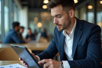 Jeune homme d'affaires examine un graphique blockchain sur tablette