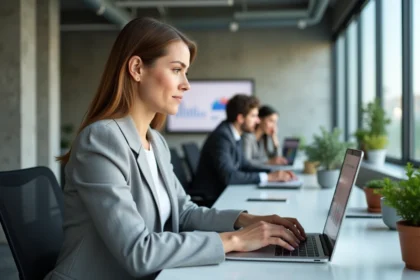 Jeune professionnelle utilisant une webapp sur un ordinateur portable dans un bureau moderne en 2026