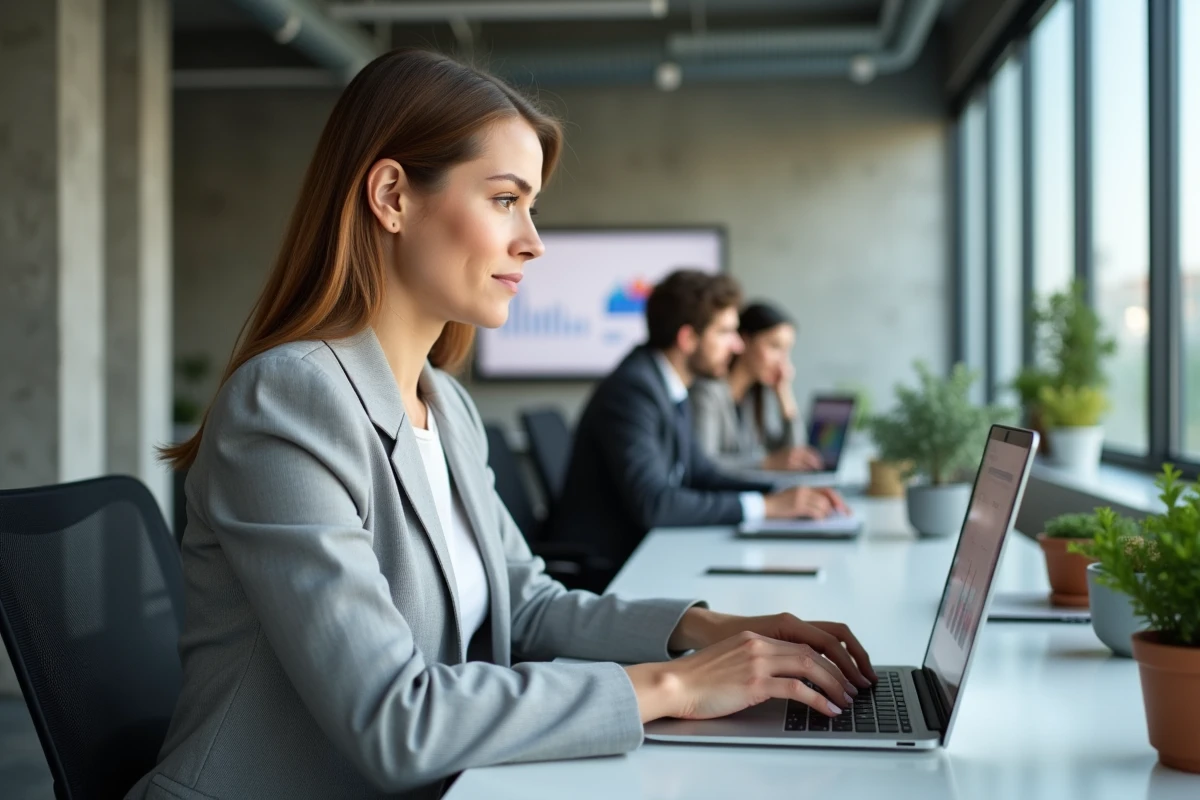 Jeune professionnelle utilisant une webapp sur un ordinateur portable dans un bureau moderne en 2026