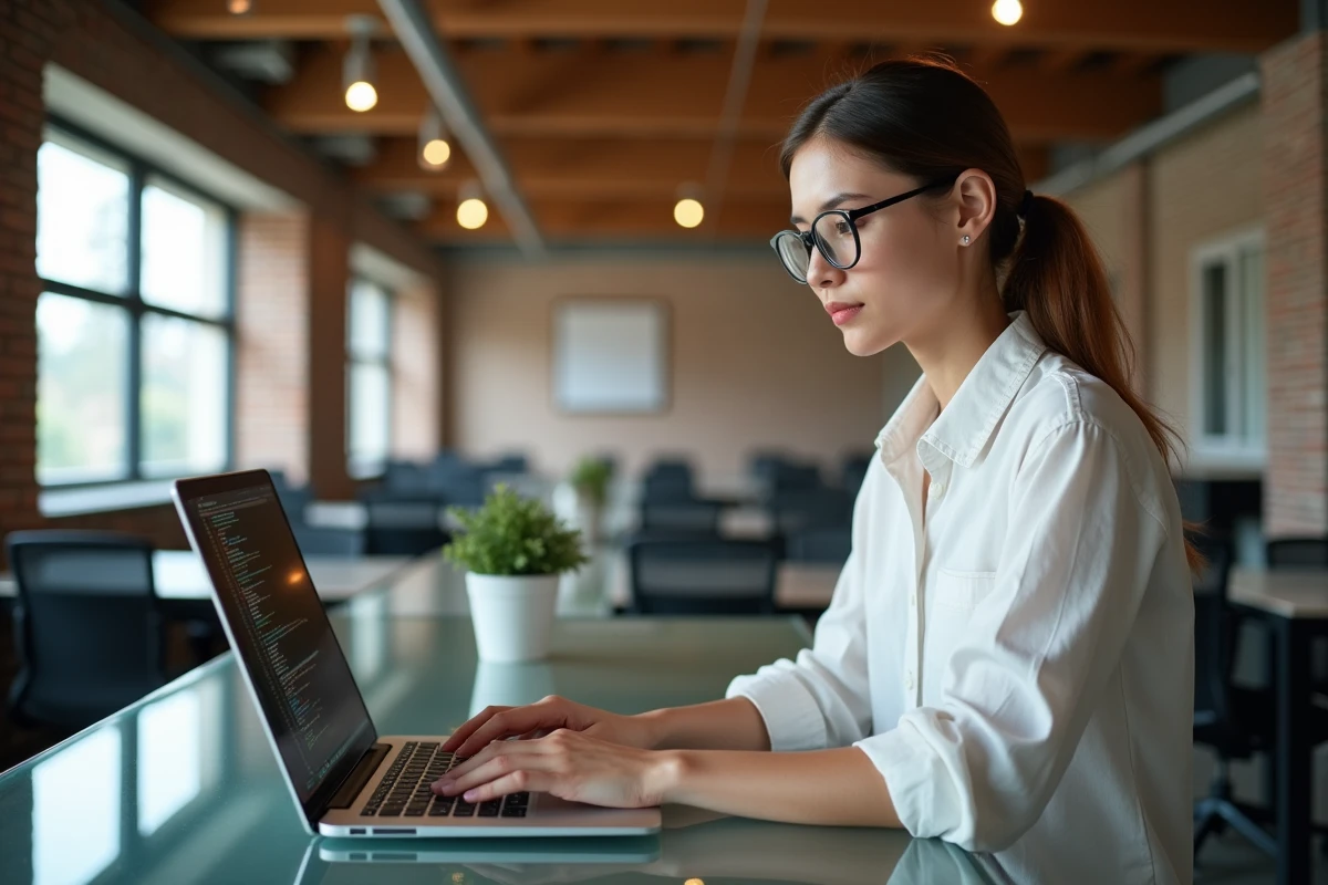 Programmeuse utilisant les commandes pushd et popd dans un espace de coworking lumineux avec ordinateur portable ouvert