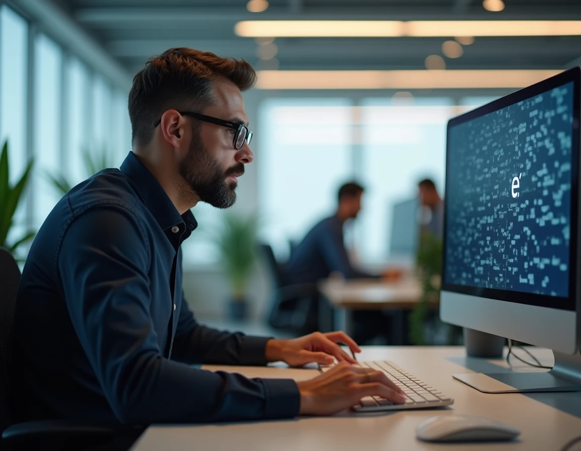 Homme en bureau open space consultant un clavier français sur écran pour trouver le raccourci du É majuscule
