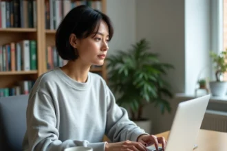 Femme tapant sur un clavier mécanique pour saisir un É majuscule avec raccourci clavier sur un document French