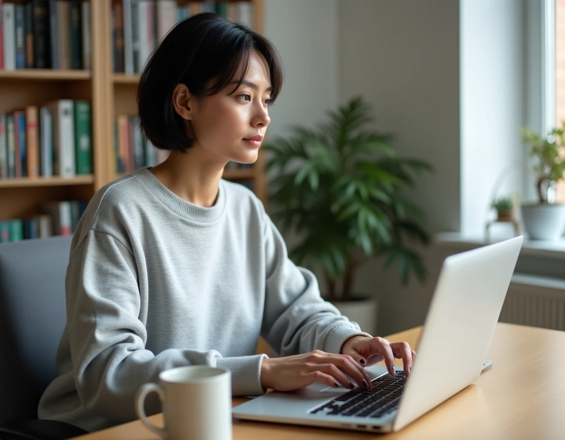 Femme tapant sur un clavier mécanique pour saisir un É majuscule avec raccourci clavier sur un document French