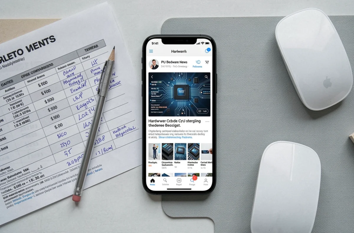 Vue aérienne d'un bureau avec smartphone affichant des actualités hardware, fiche comparative de prix annotée à la main et accessoires de recherche achat PC