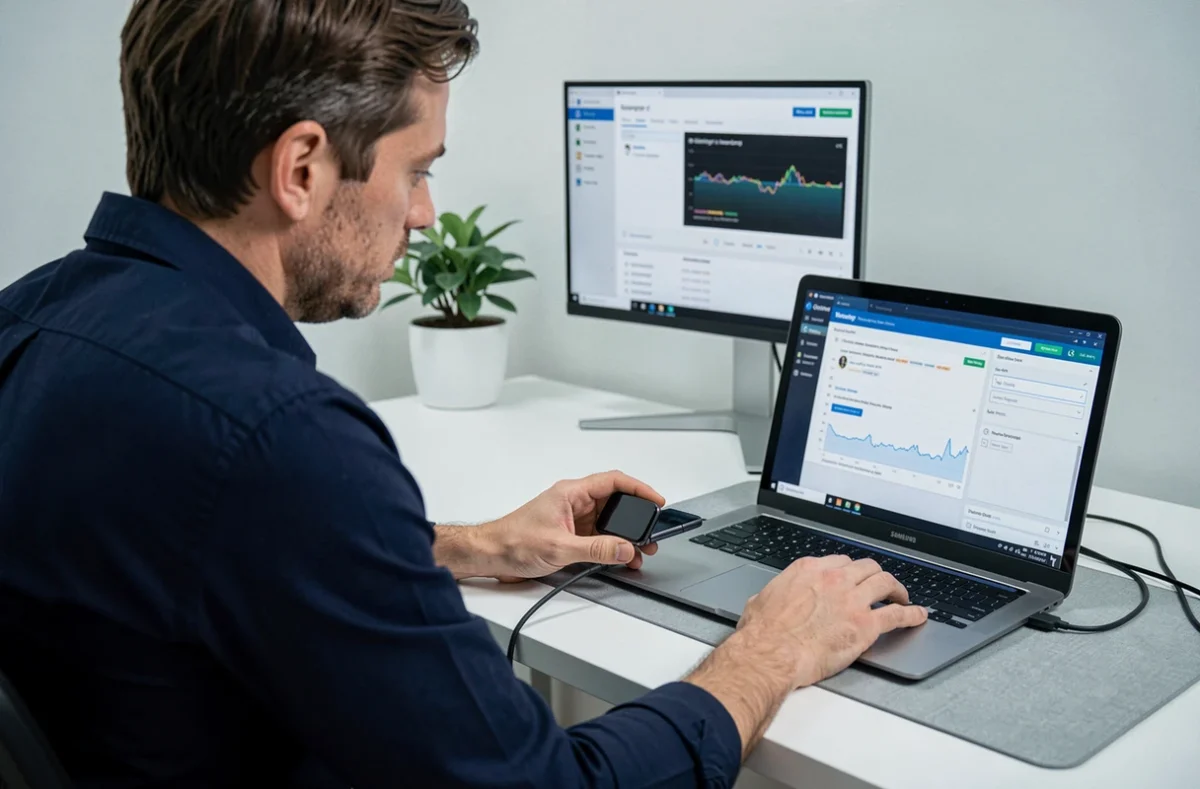 Homme connectant un Samsung Galaxy Z Flip 4 à un PC pour récupérer des données avec un logiciel de récupération