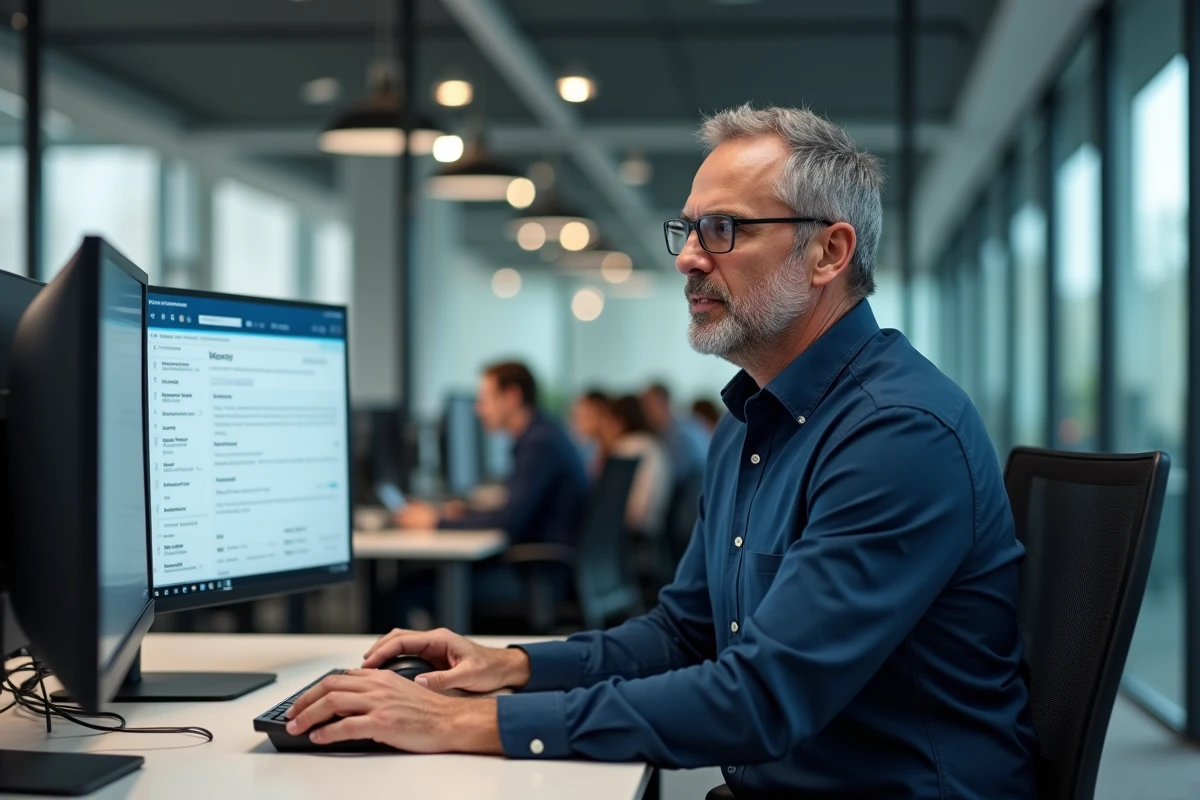 Homme en bureau professionnel consultant les paramètres de messagerie pour récupérer un email supprimé depuis un poste de travail à double écran