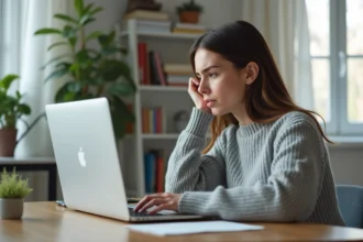 Femme concentrée tentant de récupérer un mail supprimé depuis le dossier corbeille de son client de messagerie sur un ordinateur portable