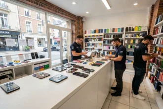 Vue d'ensemble d'une boutique de réparation de smartphones dans les Hauts-de-France, avec des techniciens au travail et des téléphones posés sur le comptoir