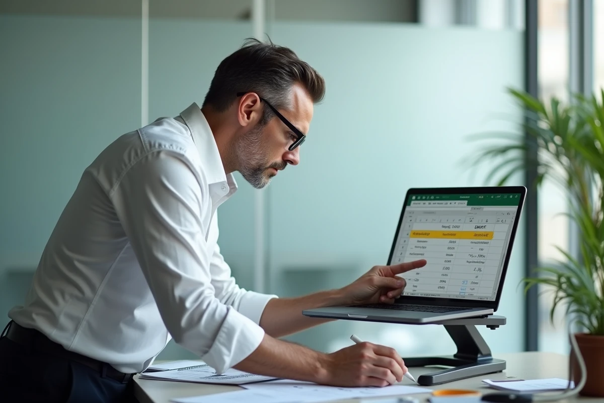 Responsable RH masculin pointant une formule Excel de calcul d'âge sur son ordinateur portable