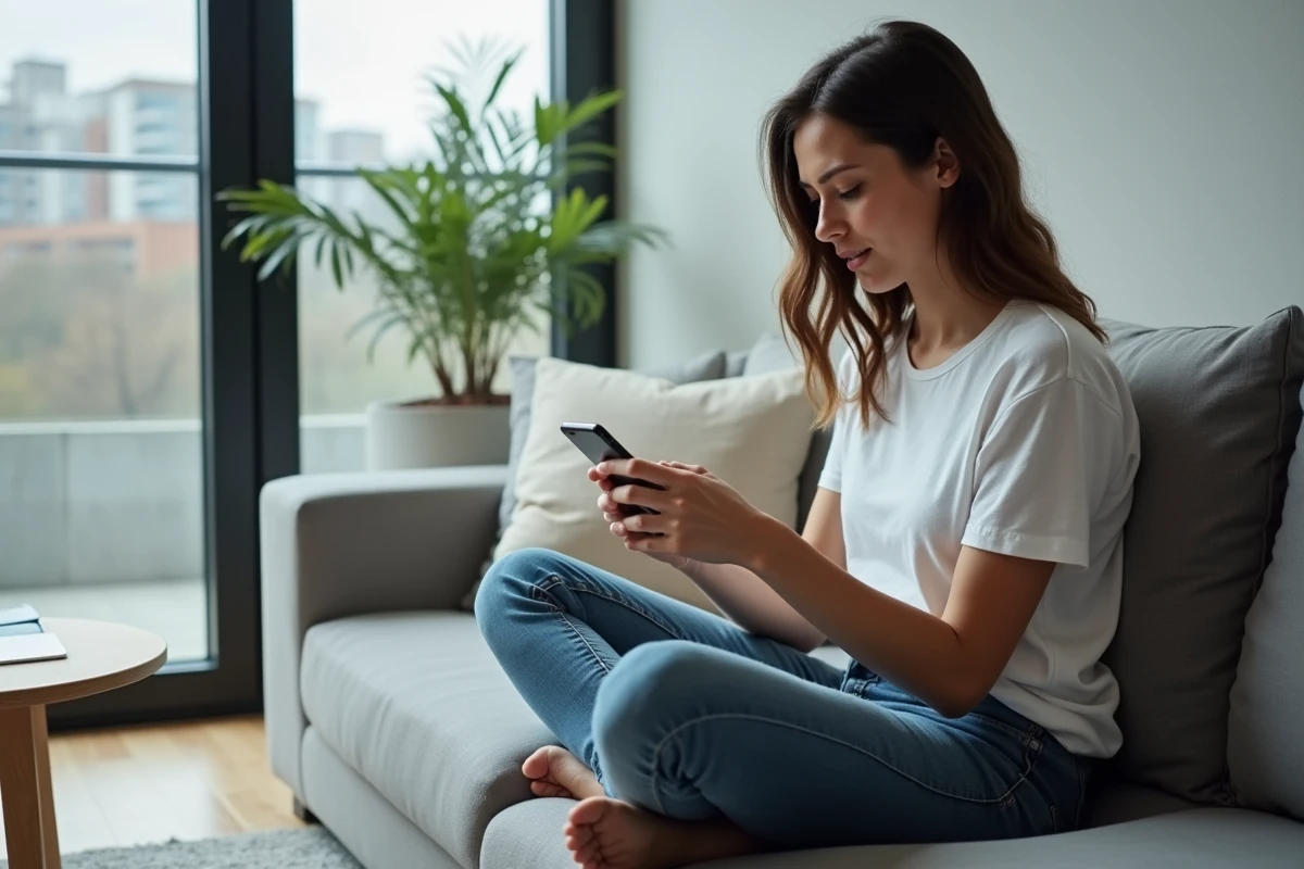 Jeune femme sur un canapé consultant l'application de messagerie mobile pour retrouver un email effacé accidentellement