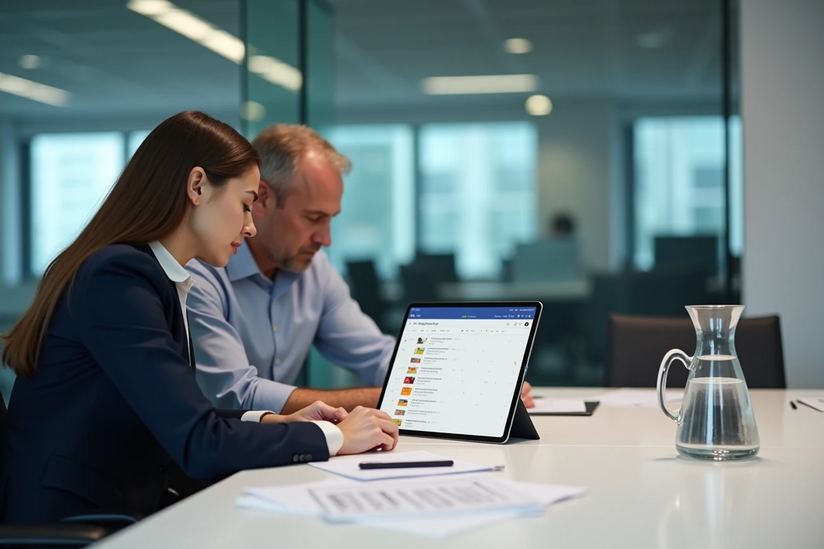 Deux collègues en salle de réunion consultant l'organisation des dossiers clients sur l'interface webmail IONOS via une tablette