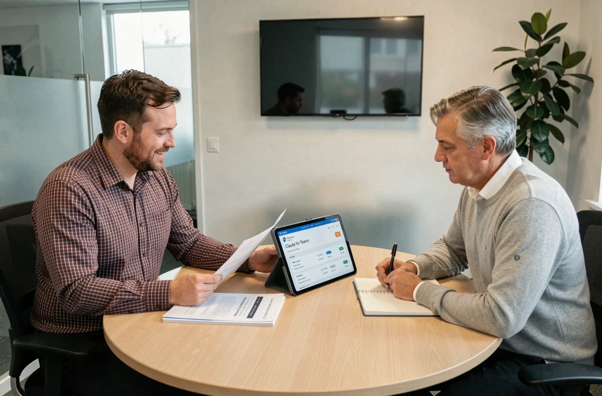 Deux collègues discutant des options tarifaires de Claude Teams autour d'une table de réunion