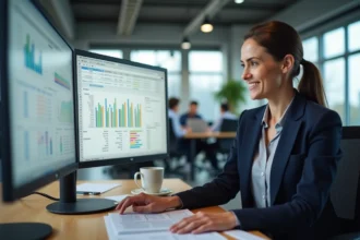Professionnelle RH analysant une formule de calcul d'âge sur Excel dans un bureau moderne