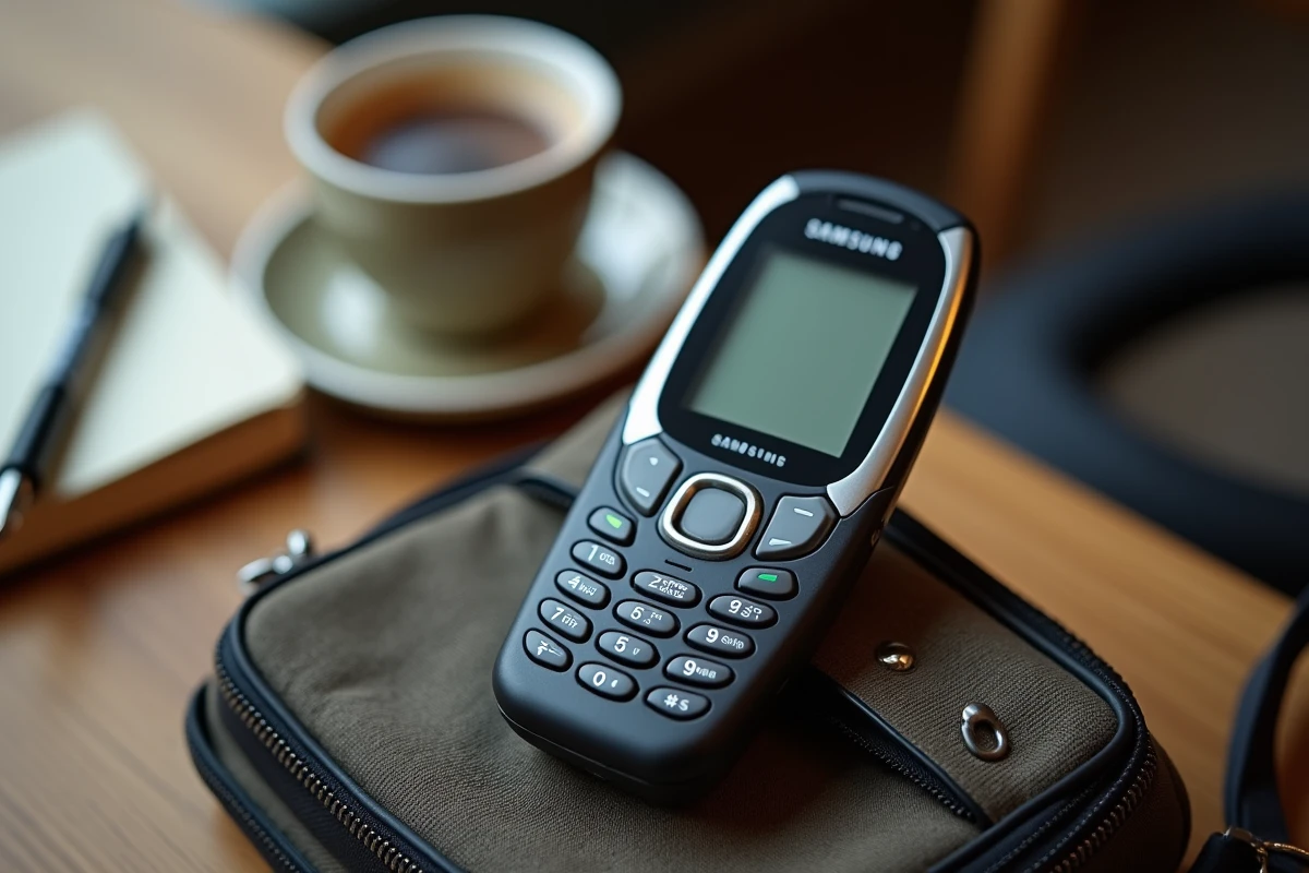 Samsung E250 ouvert posé sur un sac dans un café, vue détaillée du clavier
