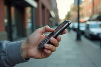 Homme tenant un Samsung E250 comme téléphone secondaire en milieu urbain