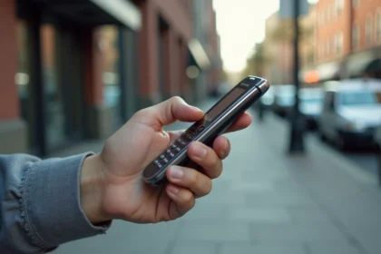 Homme tenant un Samsung E250 comme téléphone secondaire en milieu urbain