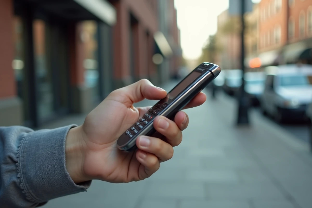 Homme tenant un Samsung E250 comme téléphone secondaire en milieu urbain