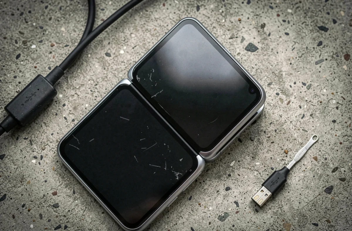 Samsung Galaxy Z Flip 4 écran noir posé sur une surface avec câble USB-C pour récupération de données