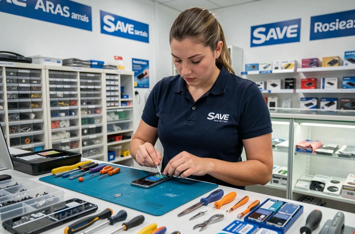 Technicienne de Save Arras remplaçant la batterie d'un smartphone sur un plan de travail dans le Pas-de-Calais