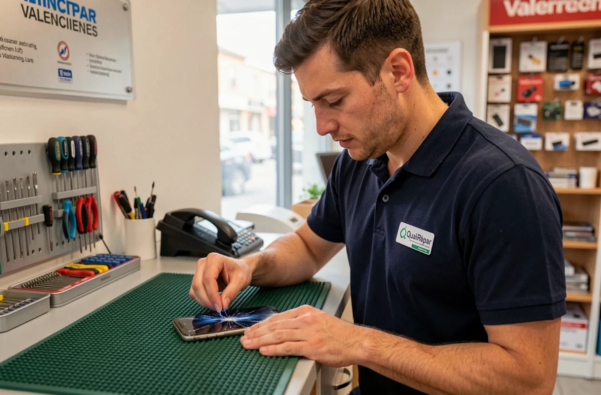 Technicien de Save Valenciennes portant un badge QualiRépar remplaçant l'écran d'un smartphone sur un établi